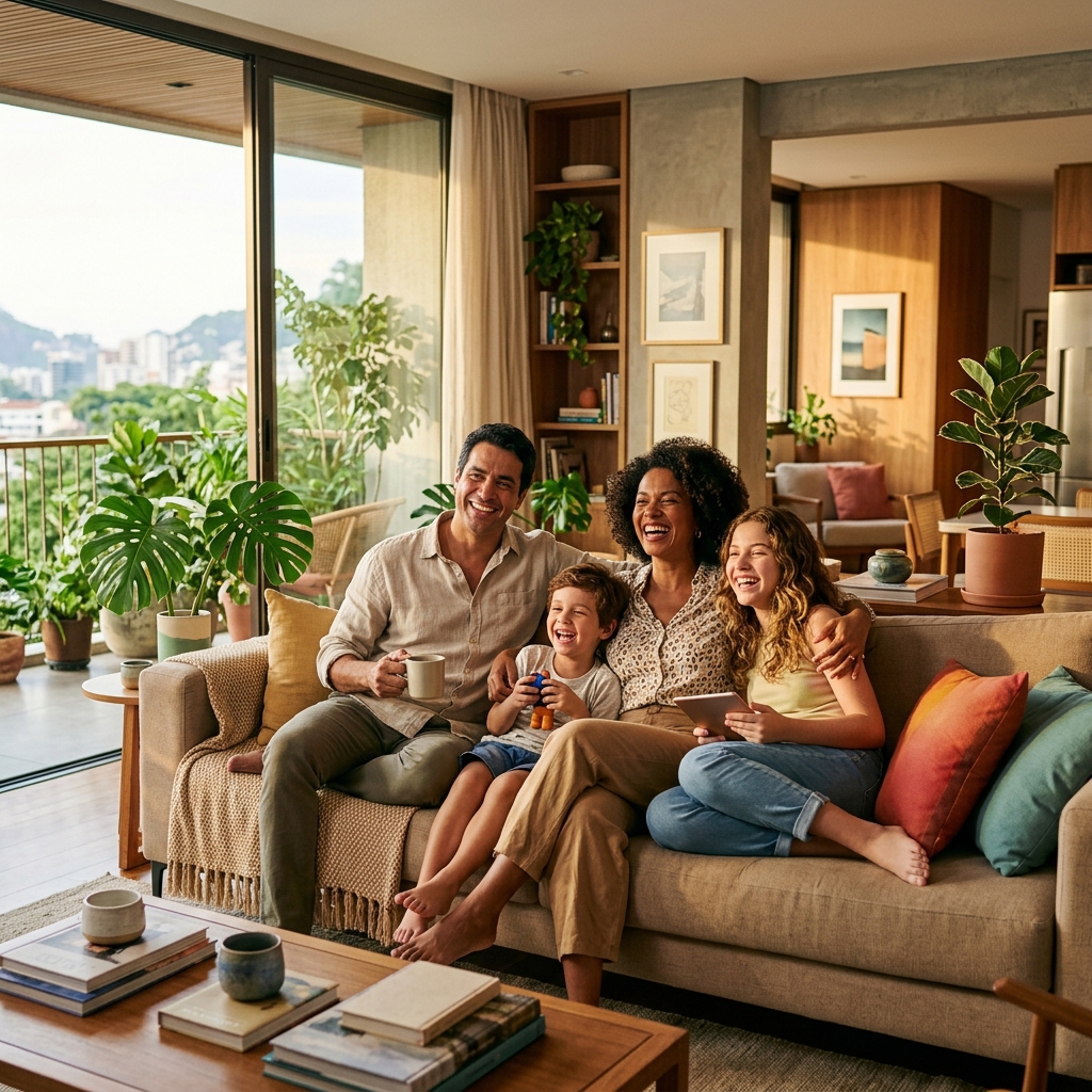 Família feliz em casa confortável